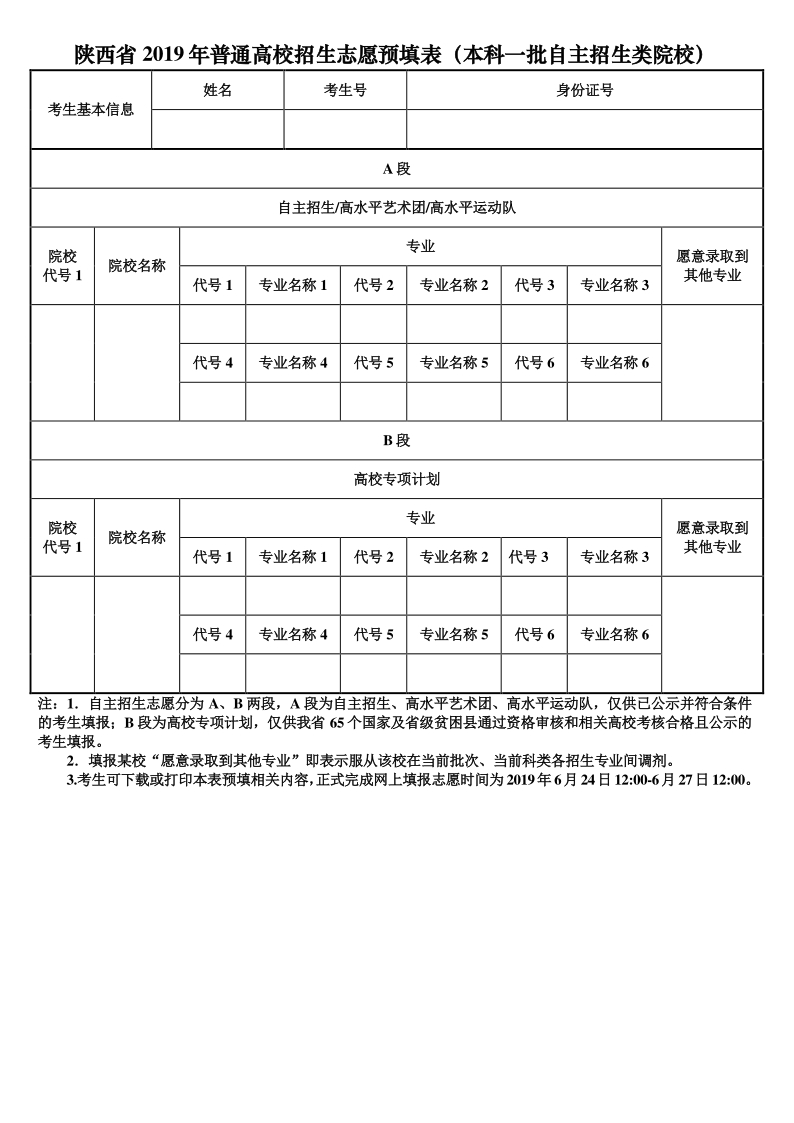 2020陜西高考本科一批自主招生類院校志愿填報表/樣表/草表/模擬表/表范本下載