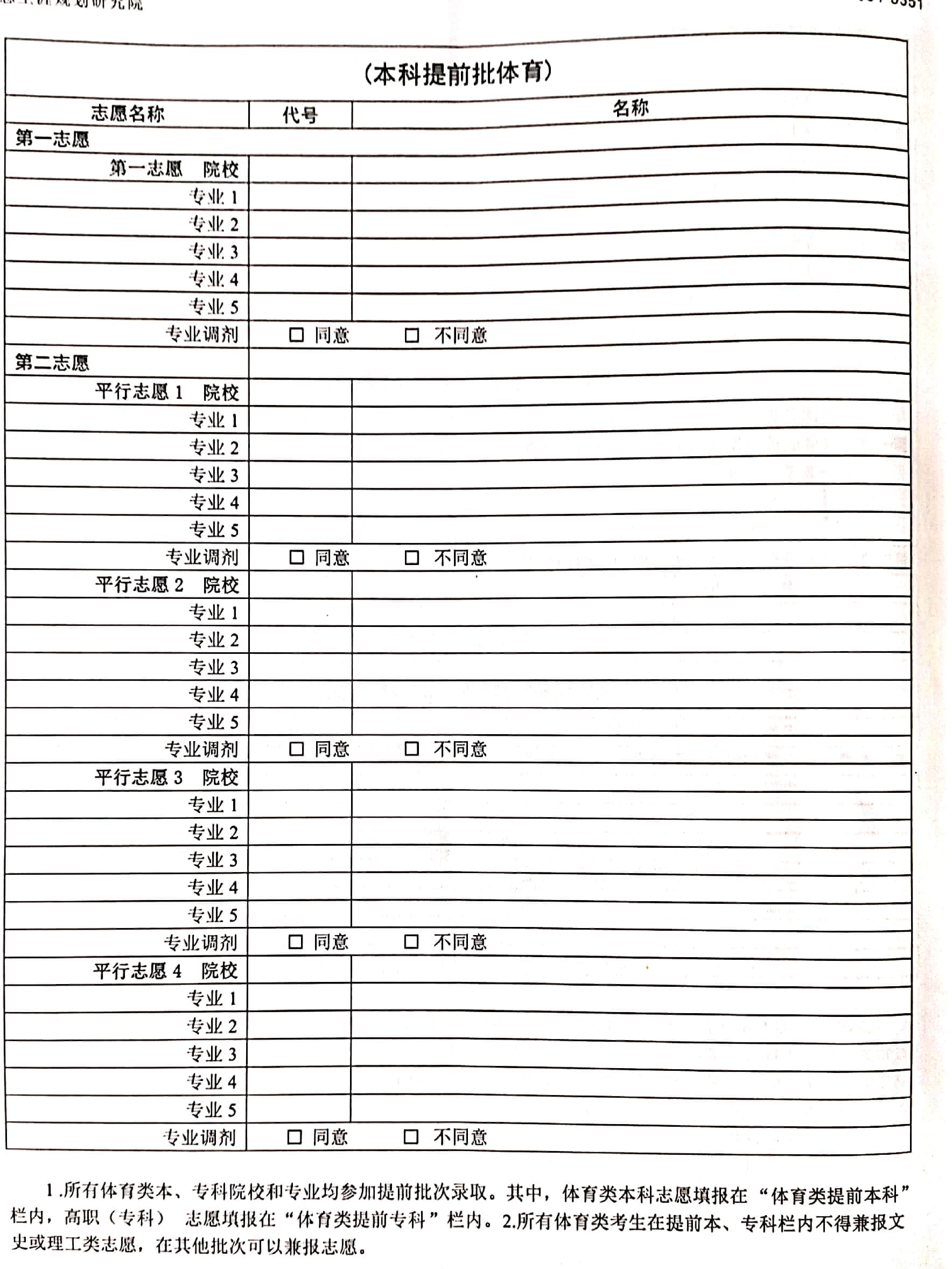 河南高考體育類志愿填報表/樣表/草表/模擬表/表范本