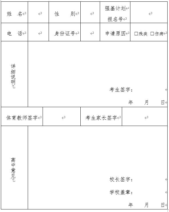 大連理工大學2020年強基計劃體質測試特殊情況申請表