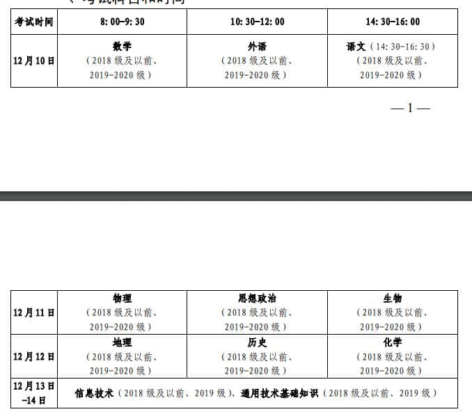 考試科目和時(shí)間