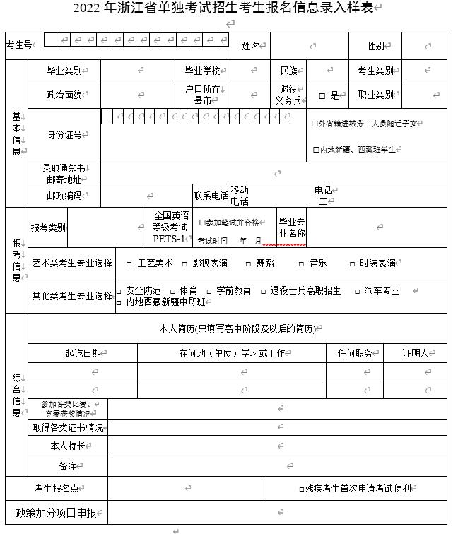 2022年浙江省單獨(dú)考試招生考生報(bào)名信息錄入樣表