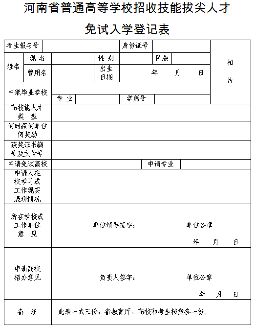 附件2.河南省普通高等學(xué)校招收技能拔尖人才免試入學(xué)登記表