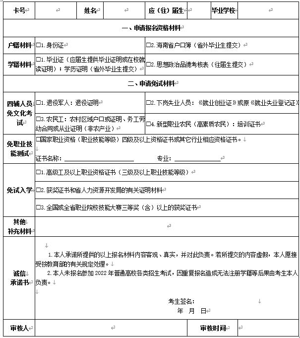 2022年海南省高職分類招生考試報(bào)名考生提交材料清單及誠(chéng)信承諾書(shū)