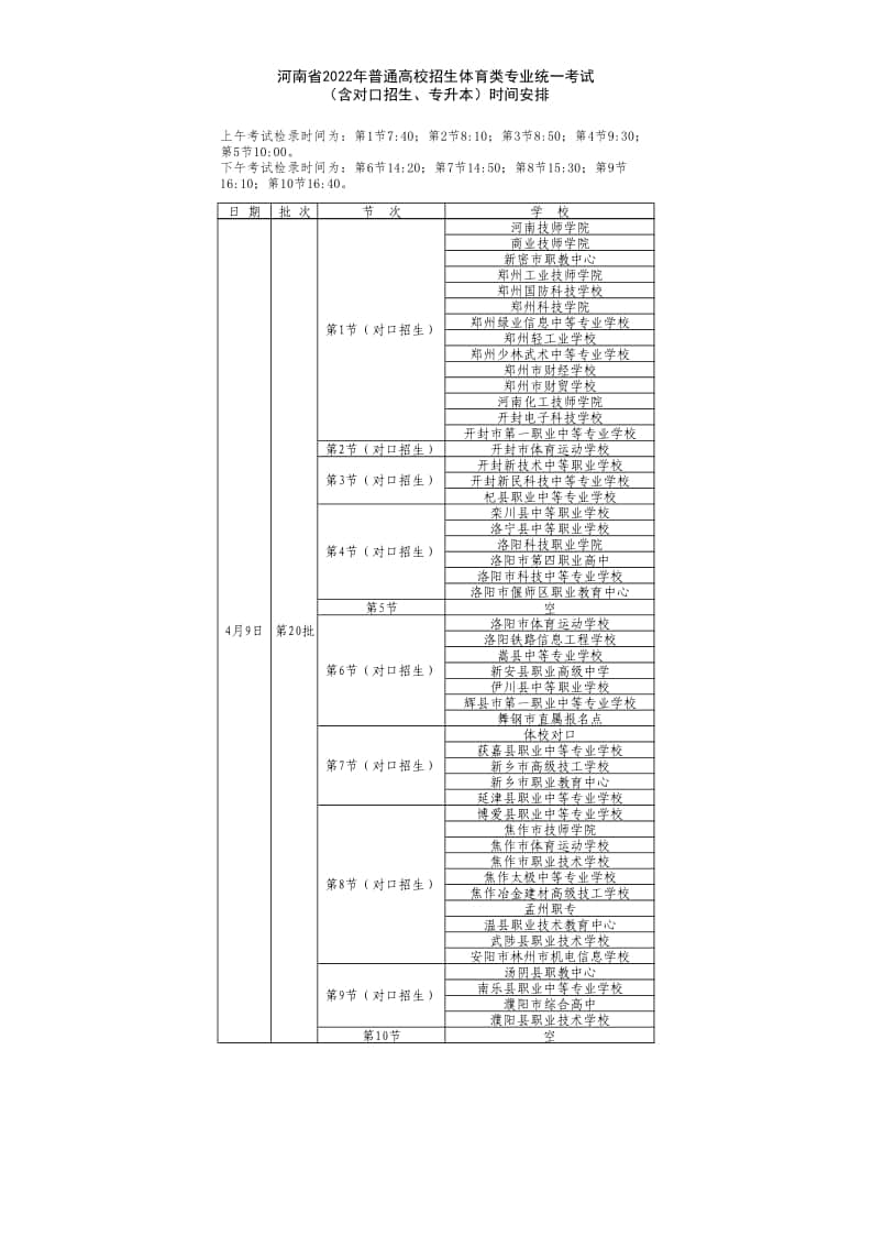 河南省2022年普通高校招生體育類專業(yè)統(tǒng)一考試 （含對口招生、專升本）時間安排