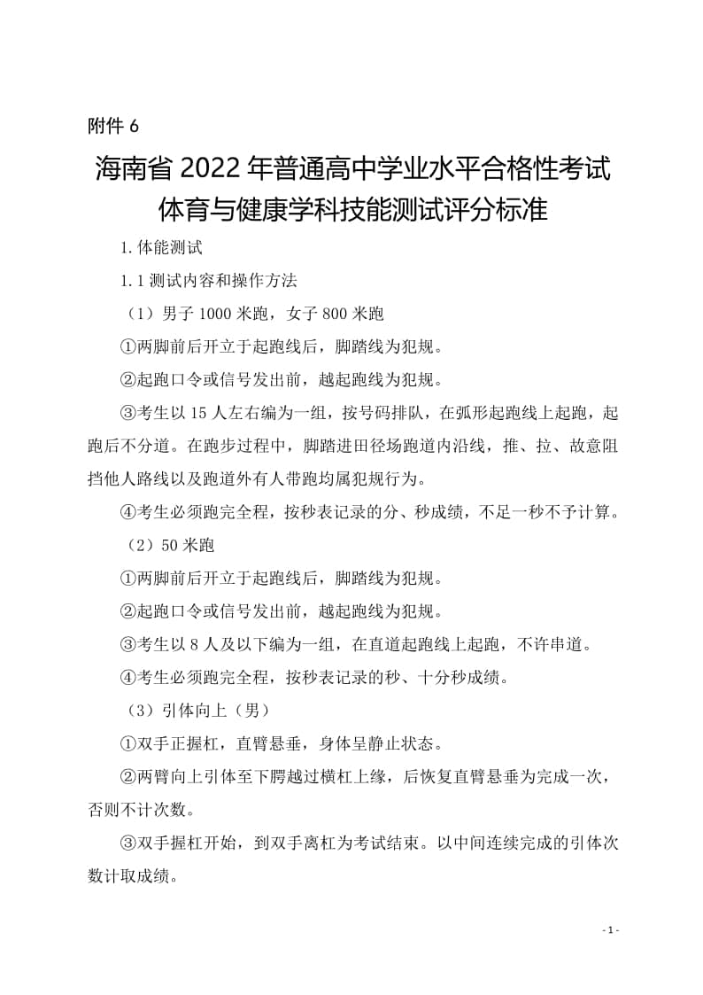 海南省2022年普通高中學(xué)業(yè)水平合格性考試體育與健康學(xué)科技能測(cè)試評(píng)分標(biāo)準(zhǔn)
