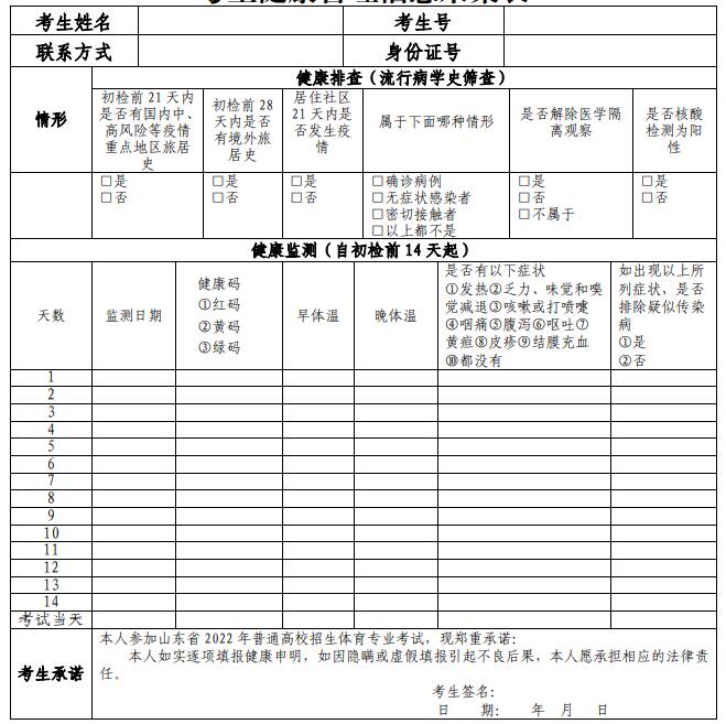 山東省2022年普通高校招生體育專業(yè)考試考生健康管理信息采集表