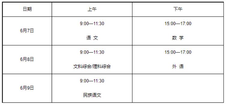 2022年普通高考文化課考試時間表